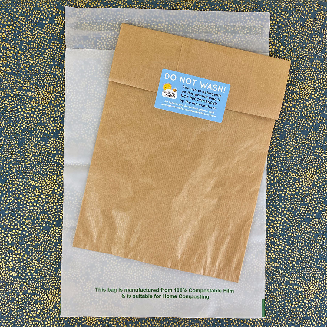 The packaging - brown paper bag and compostable mailer