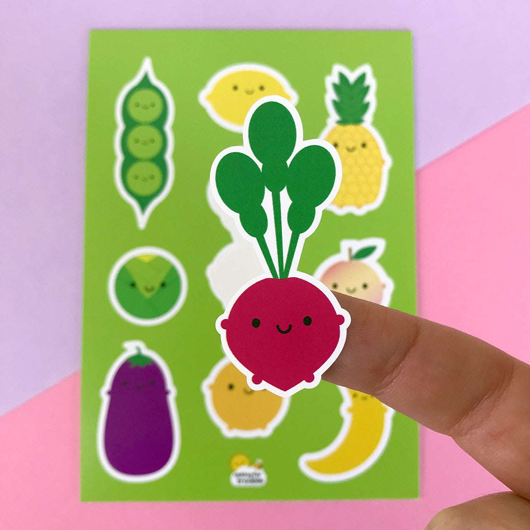 A close up of a die cut Radish sticker and the 5 A Day sticker sheet