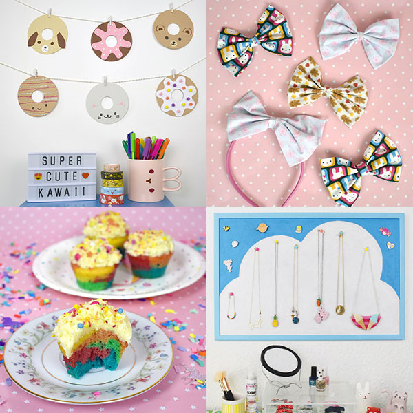 Some of the DIYs - donut garland, hair bows, rainbow cupcakes, jewellery display board