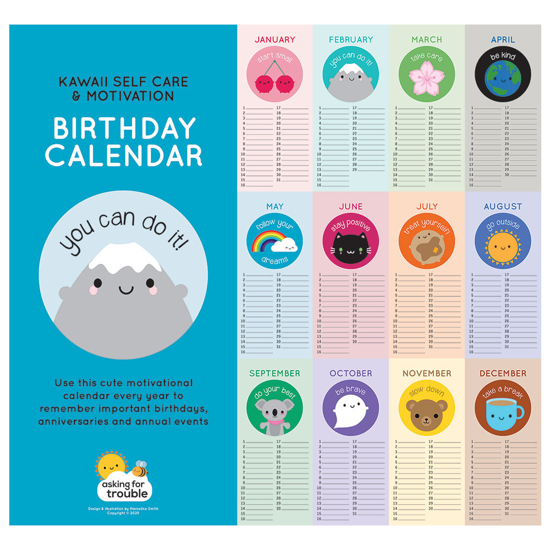 The cover and all inner pages of the kawaii self care and motivation birthday calendar