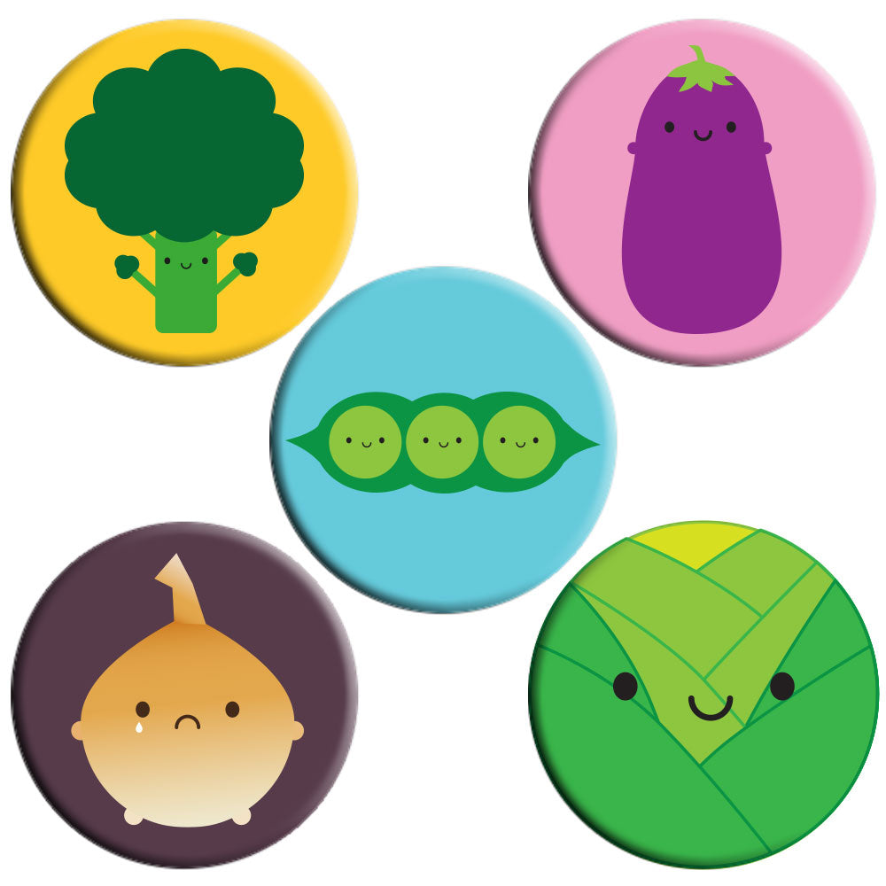 The vegetables badges - broccoli, aubergine, peapod, onion and sprout/cabbage