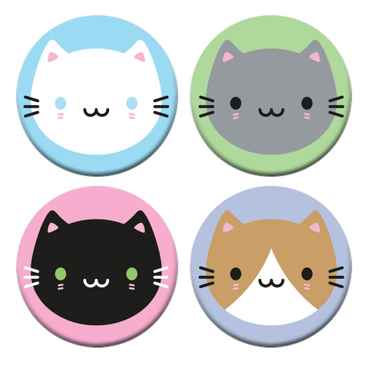 The four cat badge designs - white, black, grey and brown