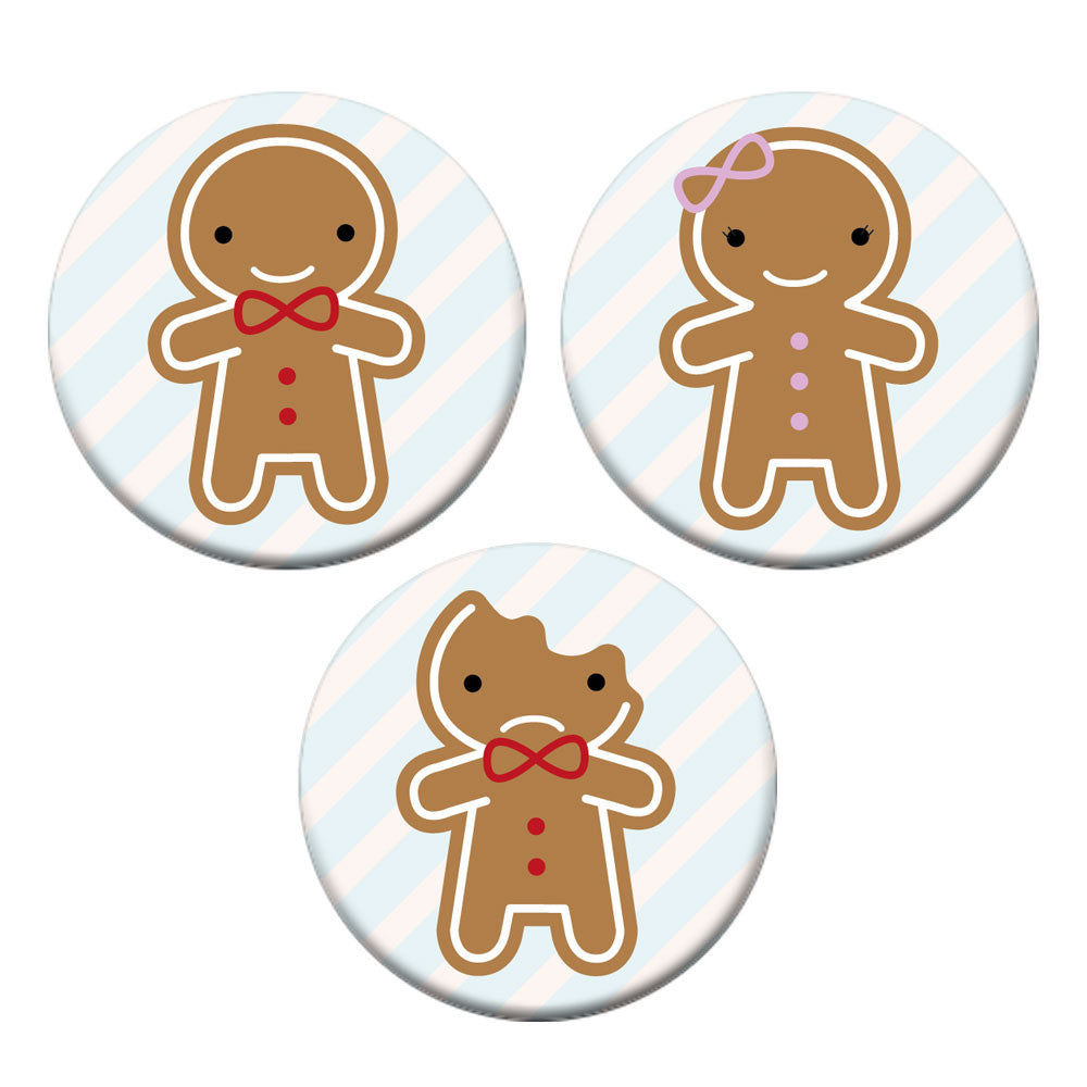 The 3 Gingerbread Man badge designs - Happy, Sad Bitten & Girl