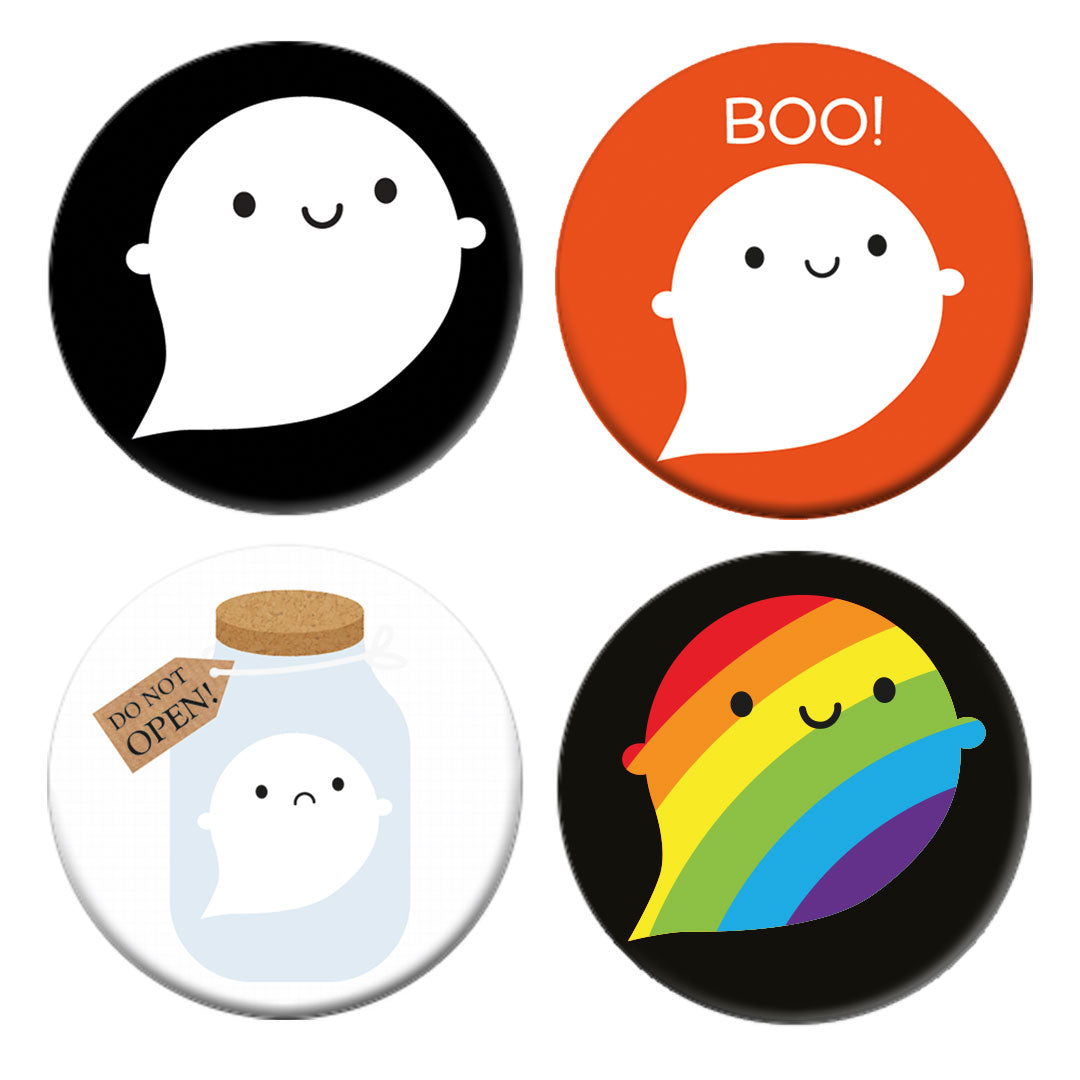 The four badge designs - Ghost, Boo! Ghost, Trapped Ghost, Rainbow Ghost