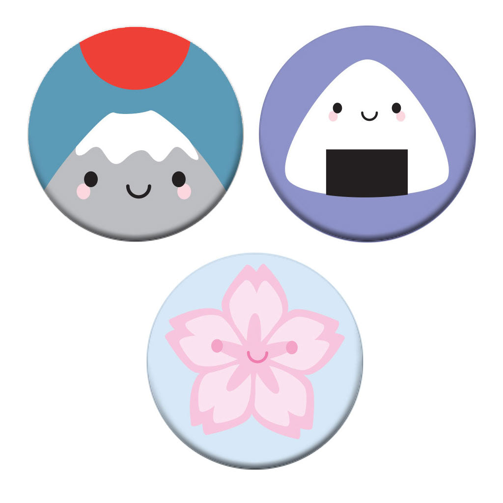 The three badge designs - Mt Fuji, Onigiri, Sakura Cherry Blossom