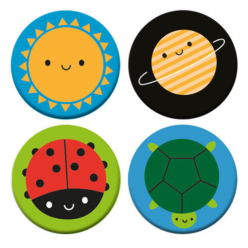 The 4 badge designs - Sun, Planet, Ladybird & Turtle