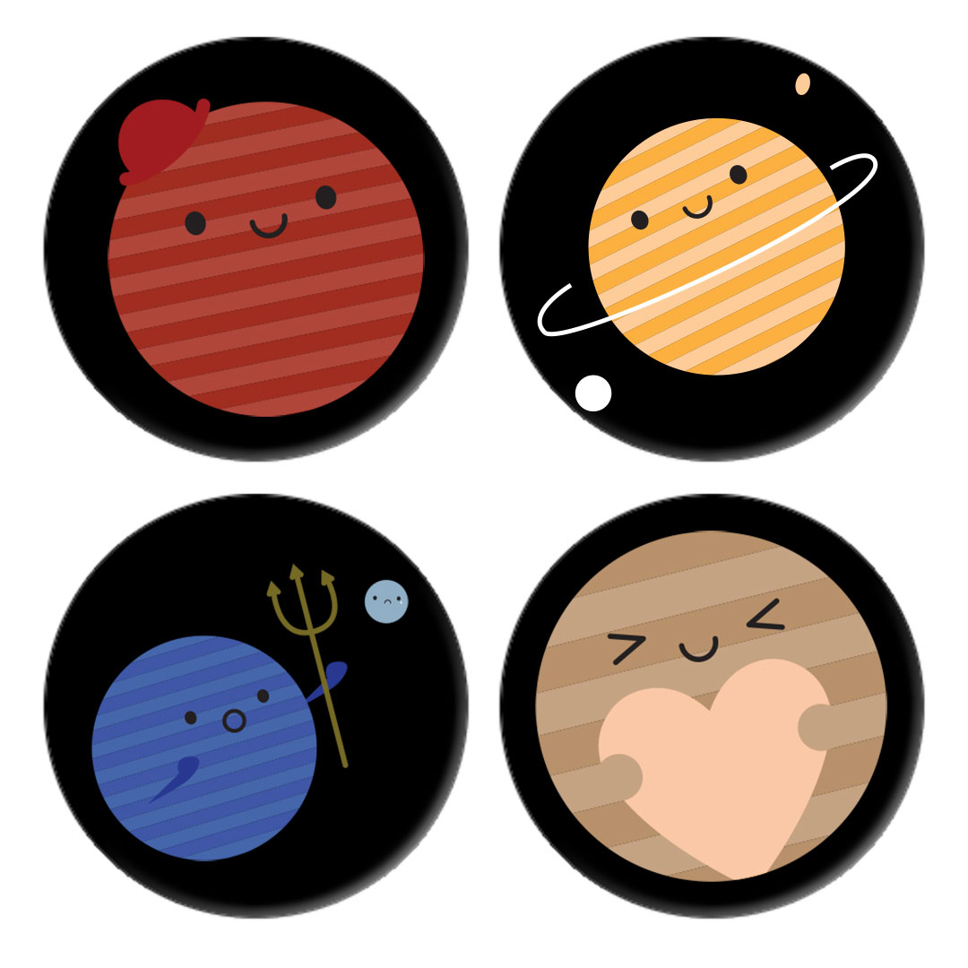 The four badge designs - Mars, Saturn, Neptune and Pluto