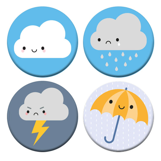 The 2 badge designs - Happy Cloud, Rain Cloud, Thunder & Lightning, Umbrella