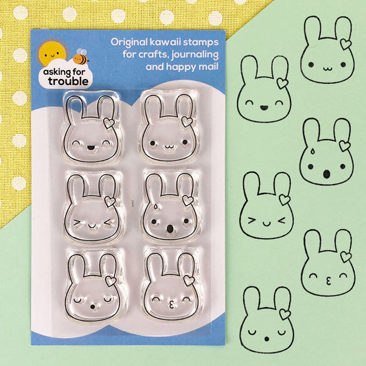 The packaged Bunny Emotions stamp set and how all 6 designs look when stamped with ink
