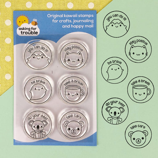 The packaged Kawaii Motivation stamp set and how all 6 designs look when stamped with ink