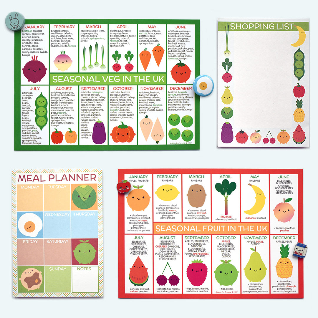 Shopping list notepad displayed with Meal Planner pad and seasonal charts to show scale