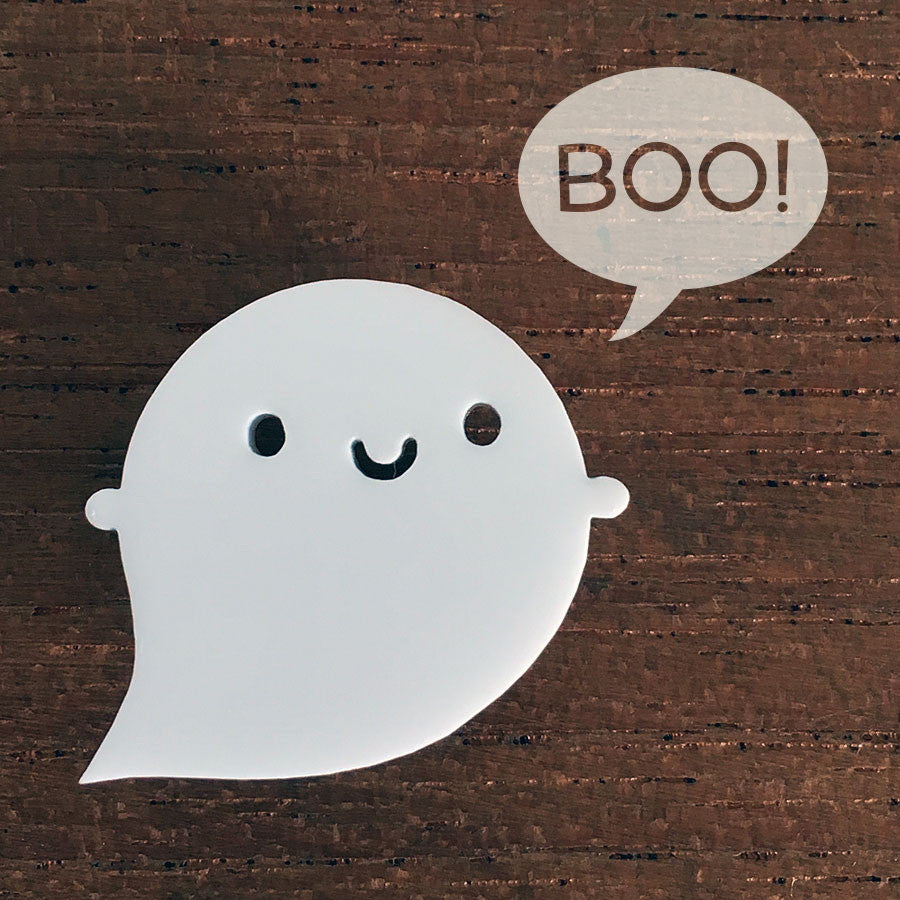 The original happy kawaii ghost brooch made from white acrylic with a BOO! speech bubble