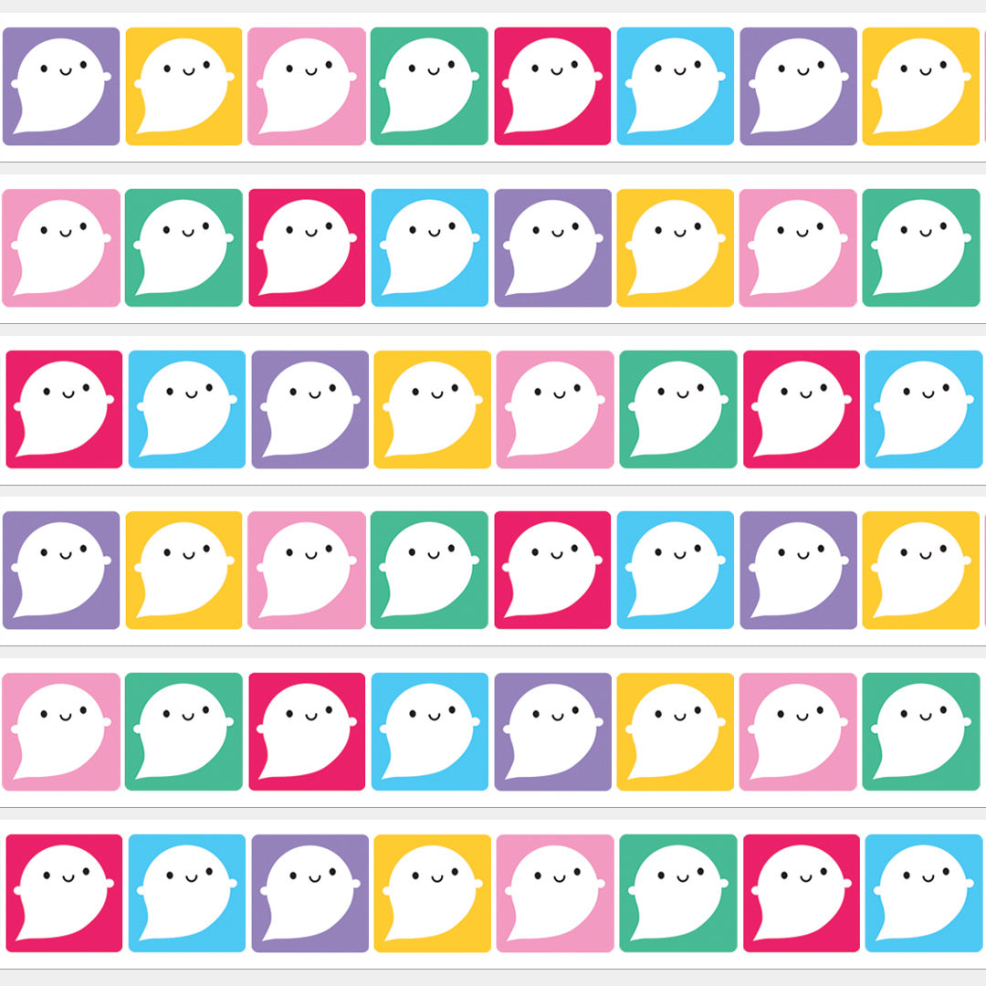Artwork sample showing the colourful repeat pattern of cute ghosts in coloured squares