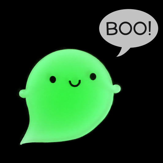 The happy kawaii ghost brooch glowing bright green with a BOO! speech bubble