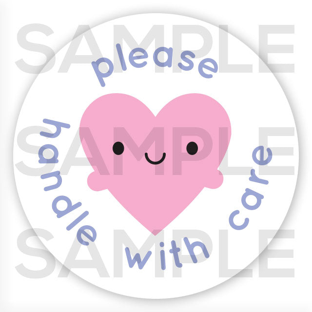 Sample image of the illustration - a happy pink heart with tiny arms surrounded by the words 'please handle with care'