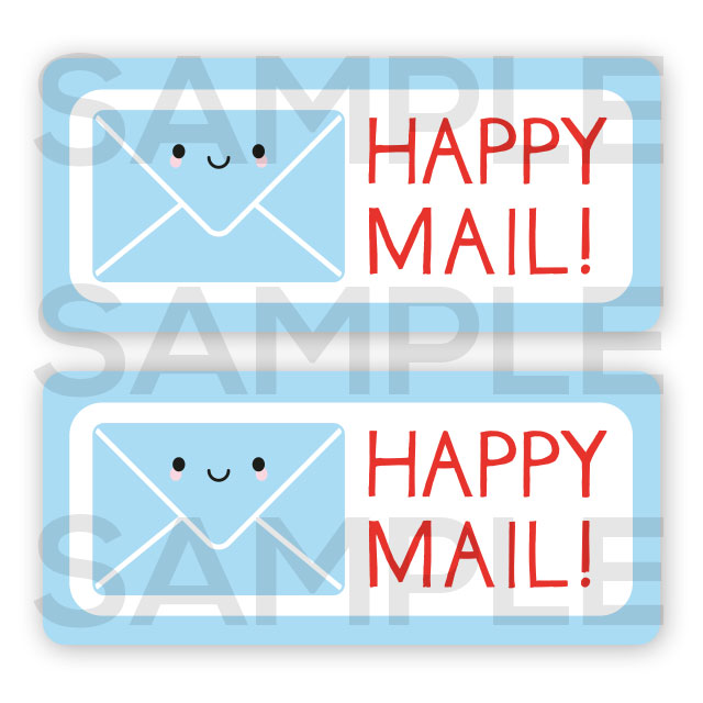 Sample image of the illustration - a blue envelope with a happy face and the words HAPPY MAIL! in red
