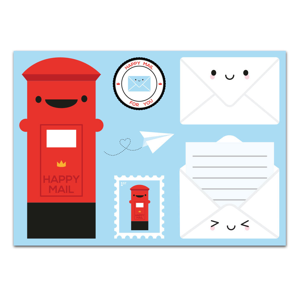 Mockup image of the front illustration with a group of happy mail-themed characters including postbox, stamp and letters
