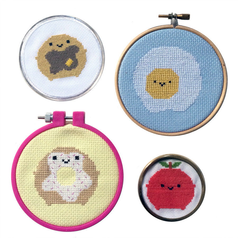 All 4 Kawaii Breakfast designs stitched up and framed in a hoop, coaster or mirror