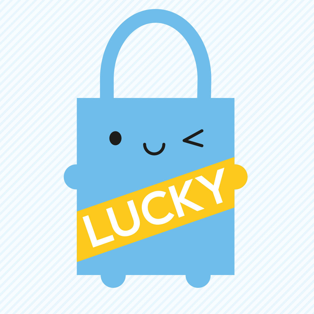 Illustration of a winking blue bag with a sash reading LUCKY