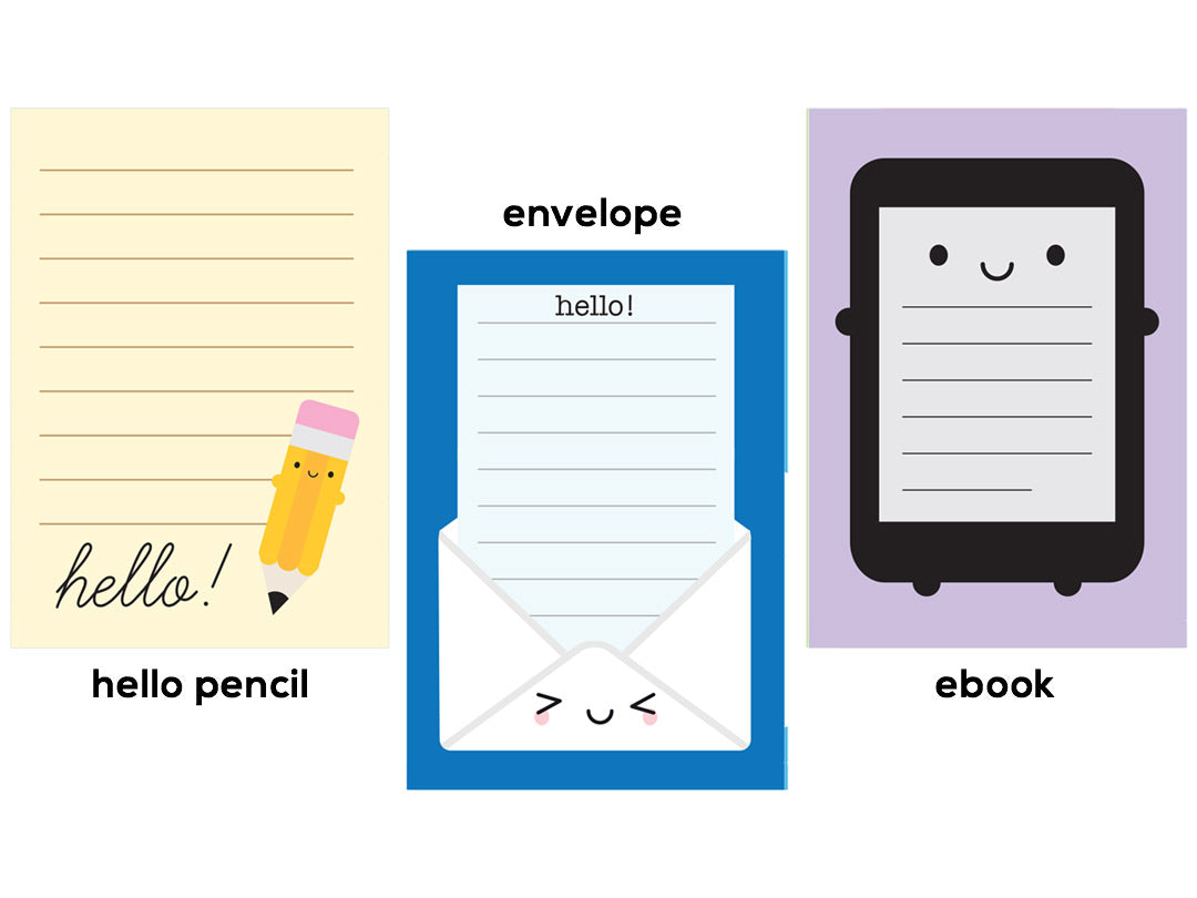 Artwork designs for the Hello Pencil, Envelope and E-book sheets
