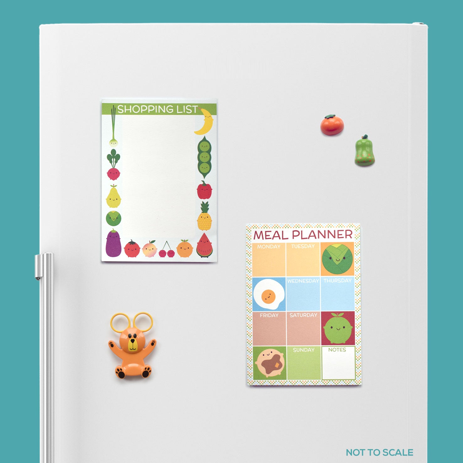 Meal Planner and shopping list notepads displayed on a fridge door together