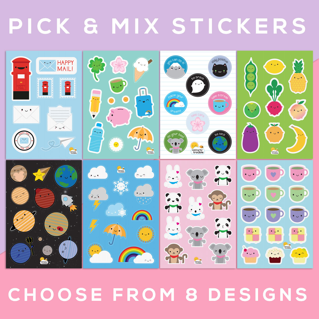 All 8 kawaii sticker sheet designs in the pick & mix offer