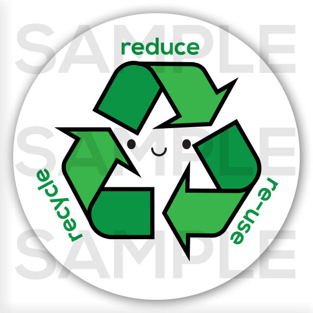 Sample image of the illustration - a happy green recycling symbol surrounded by the words 'reduce re-use recycle'