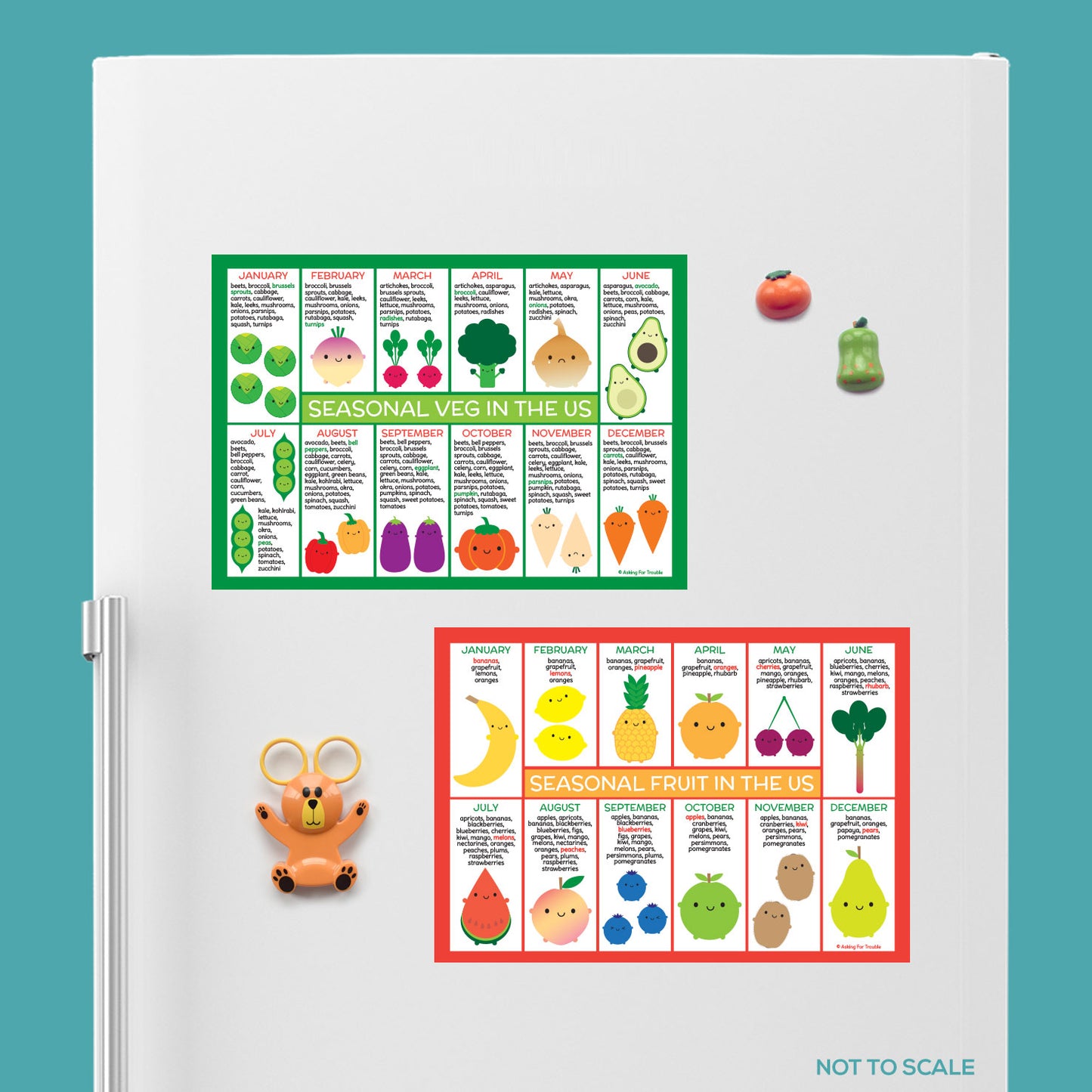 Kawaii Illustrated seasonal fruit and vegetables charts for the USA displayed on a fridge door (not to scale)
